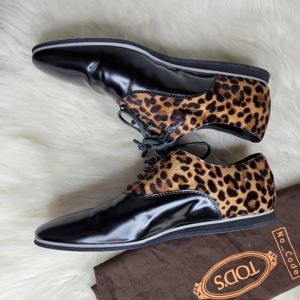 Tod's Leather Calf Hair Leopard Oxford Shoes - Picture 8 of 15